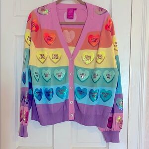 QUEEN OF SPARKLES Rainbow Conversation Heart Cardigan ~ Size L ~ Brand New!!